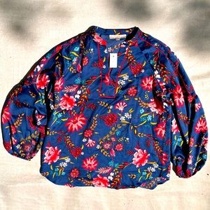 Ann Taylor Loft, NWT, rich blue blouse, long sleeve, floral pattern, sz L.